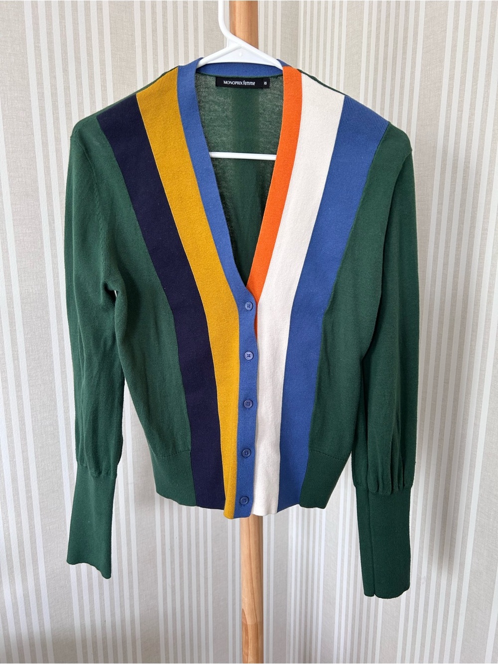 Monoprix Femme Green Stripe V-Neck Button Cardigan 100% Cotton Women’s Size XS